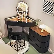 Corner Vanity with Mirror and Lights，Makeup Table Set with Chair Glass Top Vanity Table with Drawers Telescopic Dresser Vanity Desk for Women(Black,80CM_B)
