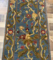 2'4"x8'6" New Excellent Floral Blue Hand knotted plush Wool Oriental rug runner