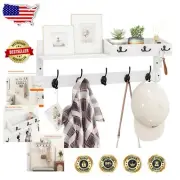Stylish White Floating Shelf with 8 Hooks - Perfect for Entryway and Bathroom