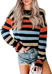 [KIRUNDO] 2023 Fall Winter Women's Striped Color Block Short Sweater Long Sleeve Crew Neck Casual Loose Knit Pullover Tops(Large, 2004-Rainbow)
