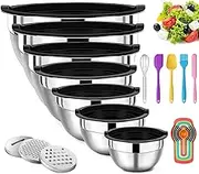 HOXue 7 Pcs Black Mixing Bowls with Lids,Stainless Steel Salad and Fruit Bowls Set for Kitchen Mixing Baking Prepping Cooking Serving