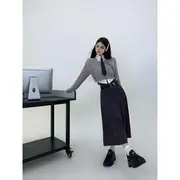 Long-Sleeve Plain Shirt / Crew Neck Crop Sweater / Low Rise Midi A-Line Skirt Skirt - Black - L