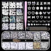 Flatback White Nail Charms Set, Assorted Bow Heart Flowers Acrylic Nail Art C...