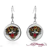 BRAND NEW ED HARDY BASE METAL ENAMEL FISH HOOK CIRCLE TIGER LADIES EARRINGS