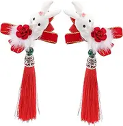 SUPVOX 2Pcs Adorable Chinese Style Hair Clips Cute Rabbit Hair Barrettes with Tassel for Year Valentine Day Birthday Parties and Dress Ups
