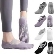 [Coztie] Yoga Socks, 4 Pairs Yoga Socks for Women with Grips, Non-Slip Yoga Socks, Yoga Socks for Women Non-Slip Grips & Straps for Pilates Ballet Dance Workout Fitness Black White Grey Purple, Black,