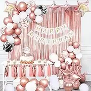 Rose Gold Balloons Garland Arch Kit,Birthday Party Decorations for Women,DIY Cake Topper,Gold Fringe Curtain,Confetti Balloons for Party Decorations(Rose Gold)