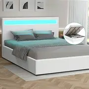 ALFORDSON Gas Lift Storage Bed Frame Base with Headboard & LED Light Lahela Series, Mattress Topper Platform Foundation with Boucle Upholstery, 350kg Capacity, King, Boucle White Colour