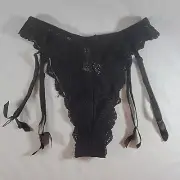 Victoria's Secret Garter Panty Cheeky Thong Large Black Lace High Cut
