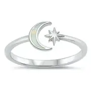 Moon & Star Ring Sterling Silver 925 White Lab Opal Face Height 8 mm Size 4