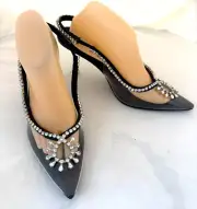 NEW CHASE & CHLOE Lucite Slingback 10 Rhinestone Pump Sandals Clear Black