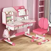 qofezuey Kids Functional Desk and Chair Set for Kids Learning Desk with Chair Ergonomic Adjustable Height for Kids School Study Desk with Bookshelf and Drawers for Boys Girls Pink