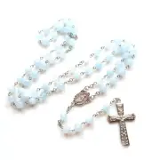 Decoration Blue Jades Bead Cross Rosary Necklaces for Christian Church