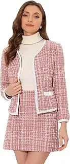 [Allegra K] Business Suit Set for Women's 2 Piece Outfits Plaid Tweed Short Blazer Jacket and Skirt Sets
