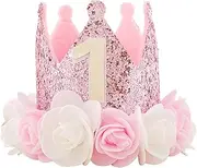[C&Xanadu] Kbrand Hat First Birthday 1st For Baby Girl Decoration Gifts Rose Gold Baby Pink Party Crown One Year Old Flowers Princess Pink 3inch, Rose Gold,pink