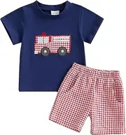 [Kuriozud] Baby Girl Boy Summer Clothes Short Sleeve Tops Embroidery Tee Pattern Tshirt+Vintage Plaid Short Pants Set