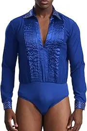 [Yihuimin] Man Latin Shirts Sparkly Rhinestone Deep V Neck Dance Bodysuits for Ballroom Club Dancewear