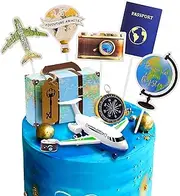 Rismise Travel Theme Cake Toppers Travel Cake Decoration Adventure Travel Cake Cupcake Toppers Airplane Map Camera Heart Mini Suitcase Cake Decorations for Adventure Awaits Travel Themed Party
