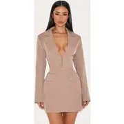 Petite Taupe Hook And Eye Fitted Blazer Dress, Taupe