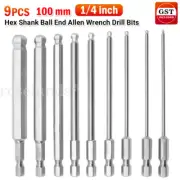 9pcs 1/4 inch Hex Shank Ball End Allen Wrench Drill Bits Set 100mm Metric Long