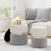 CostwayLinen Fabric Storage Ottoman Set of 2 Round Ottoman with Storage-Grey