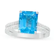 Emerald-Cut Swiss Blue Topaz and 0.33 CT. T.W. Natural Diamond Double Row Engagement Ring in Solid 14K White Gold