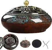Zukini Premium Set Large Ceramic Incense Burner with Brass Lotus Incense Stick Holder and Fireproof Cotton. Ideal for Stick or Coil Incense,Mosquito Incense,Resin and Charcoal (Blue)
