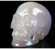 5.0" Rainbow Aura Quartz Rock Crystal Skull, Hand Carved Gemstone Fine Art Sc...