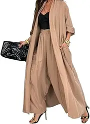 [Generic] Women's Leisure Two-piece Long Cardigan Wide-leg Trousers,Women Solid Color Long Cardigan And Pants Set