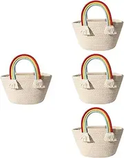 4pcs Woven Basket with Rainbow Handle Adorable Portable Storage Basket Handbag with Tassel for Nursery Room Toys Books Organization