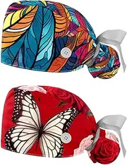 [YTYVAGT] 2-Pc,Nurse Scrub Caps,Scrub Hats with Buttons and Cotton Sweatband,Bohemian Style Tropical Leaves