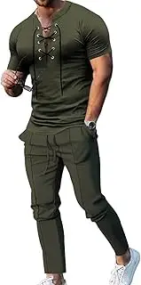 [HanzhuoLG] Men's Fashion Retro Tracksuit Set Summer Pure Color Stand Collar TieUp Short Sleeve T Shirt & Pants 2 Piece Set 3XL Army Green