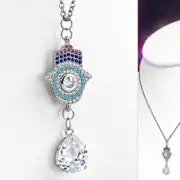 Stainless Steel Multi-Color CZ Womens Hamsa Protection Pendant Necklace