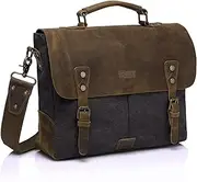 Genuine Leather Canvas Messenger Bag for Men, Vaschy Vintage 14inch Laptop Work Bag Briefcase Satchel Crossbody Shoulder Bag for Business Travel Casual