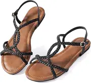 [Mtzyoa] Women Strappy Flat Sandals Gladiator Dressy Ankle Strap Summer Vacation Comfort Leather Ladies Casual Party Trendy