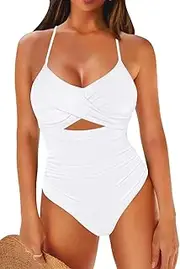[LaSuiveur] Women's One Piece Swimsuit V Neck Cutout Tummy Control Lace Up Back Sexy Monokini Bathing Suits