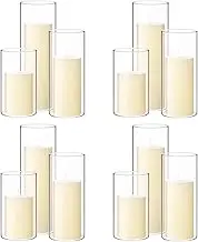 Shihanee Set of 12 Pillar Candles and Glass Cylinder Vases Clear Cylinder CandleHolders for Slim Pillar Candles Wedding Centerpieces(2.6''x 4.7'', 5.9'', 7.9'',Ivory White)