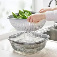 在飛比找ETMall東森購物網優惠-透明雙層洗菜盆瀝水籃家用廚房蔬菜塑料水果盤大號淘菜籃子洗菜籃