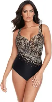 $196 Miraclesuit Dali Leopard It's A Wrap One Piece Swimsuit, Tamarind Brown, 14