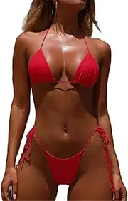 [YILEEGOO] Women Sexy Brazilian Bikini Set 2 Piece Spaghetti Strap Halterneck Bra Top Tie Side Thong Swimwear Bathing Suit