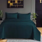 [Tribeca Living] Oversized Plain King Quilt Set, Three-Piece Box Stitch Soft Bedding Set Includes One Quilt & Two Sham Pillowcases, Wrinkle Resistant 110GSM Microfiber Naples/Peacock