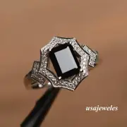2CT Emerald Cut Black Onyx 14K White Gold Finish Engagement Halo Jewelry Ring