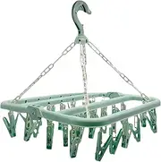 Castaic Foldable Clothes Drying Hanger with 32 Clips, Sock Drying Rack, Underwear Peg Hanger with Clips for Outdoor Household (Green)