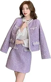 [JYHBHMZG] Purple Tweed Two Piece Set for Women Fall Winter Sequines Beaded Jacket Coat+High Waist Skirt Sets 2 Piece Outfits