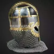 Vintage Steel Brass Helmet Medieval Knight Viking Helmet with Chainmail