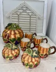 Fib Burton & Burton Ceramic Fall Pumpkin Soup Tureen W/ Bowls & Cups No Ladle