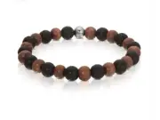 Men’s Red Pear Wood and Genuine Lava Stone 316L Stainless Steel Beaded Bracelet