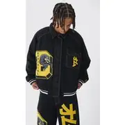 Mens True Black Oversized Denim Varsity Applique Bomber Jacket