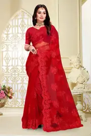 Designer Red Heavy Resham Embroidery Moti Stone Work Sari Net Wedding Wear Saree