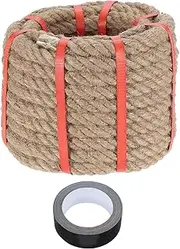 sourcing map Jute Rope 0.7 Inch x 49ft, Heavy Natural Thick Twisted Rope with Black Tape for Crafts Railing Docks Tug of War Swing Nautical Landscaping